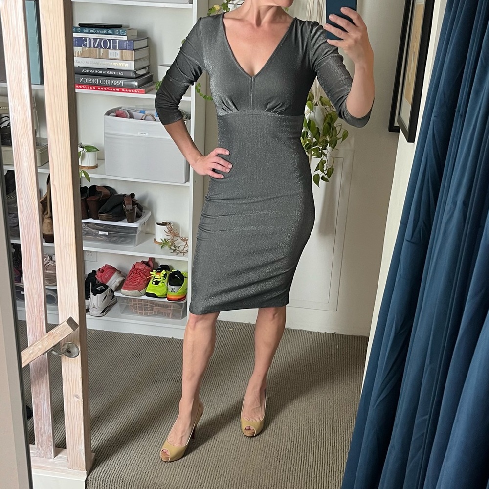 Laura Byrnes Black Label Silver Sparkly 3/4 Sleeve Midi Bodycon Sheath Dress